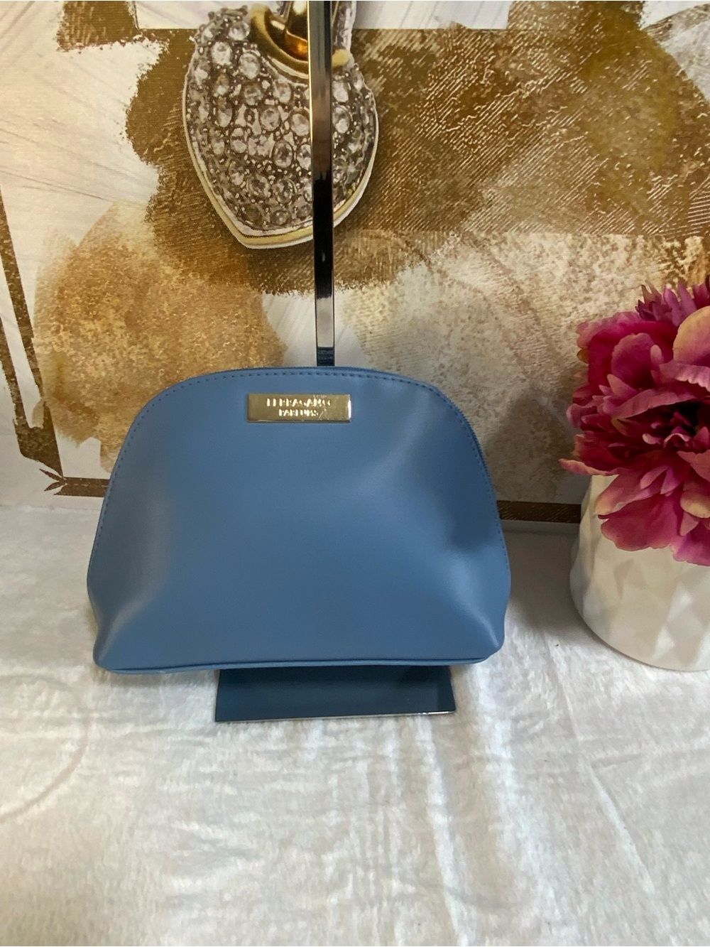 Salvatore Ferragamo Powder Blue Cosmetic Pouch with Gold Logo Plate
